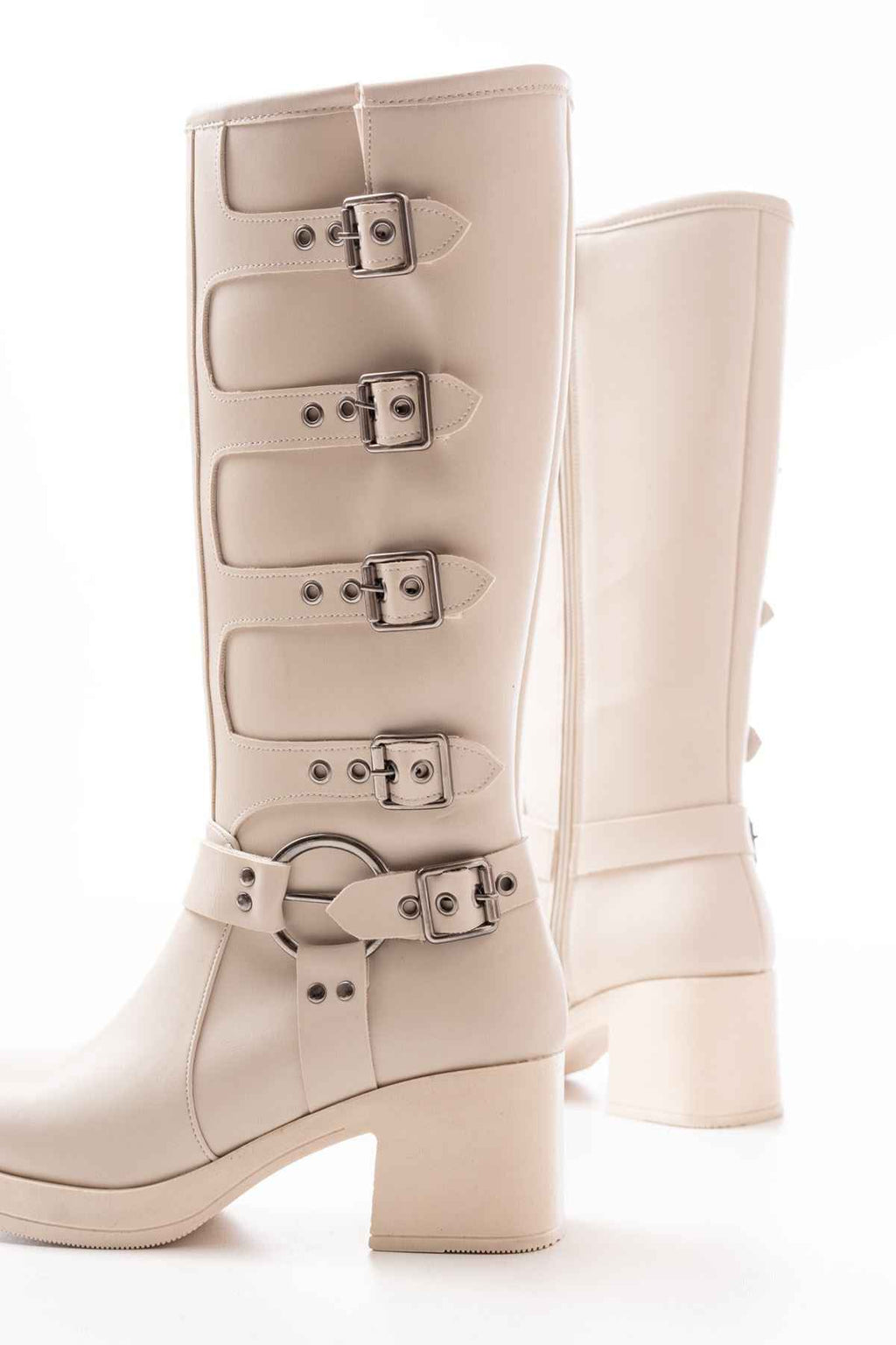 Ayakkabı Aşkı 5109-3015 Bej Topuklu Fermuarlı Toka Aksesuarlı Günlük Kadın Çizme