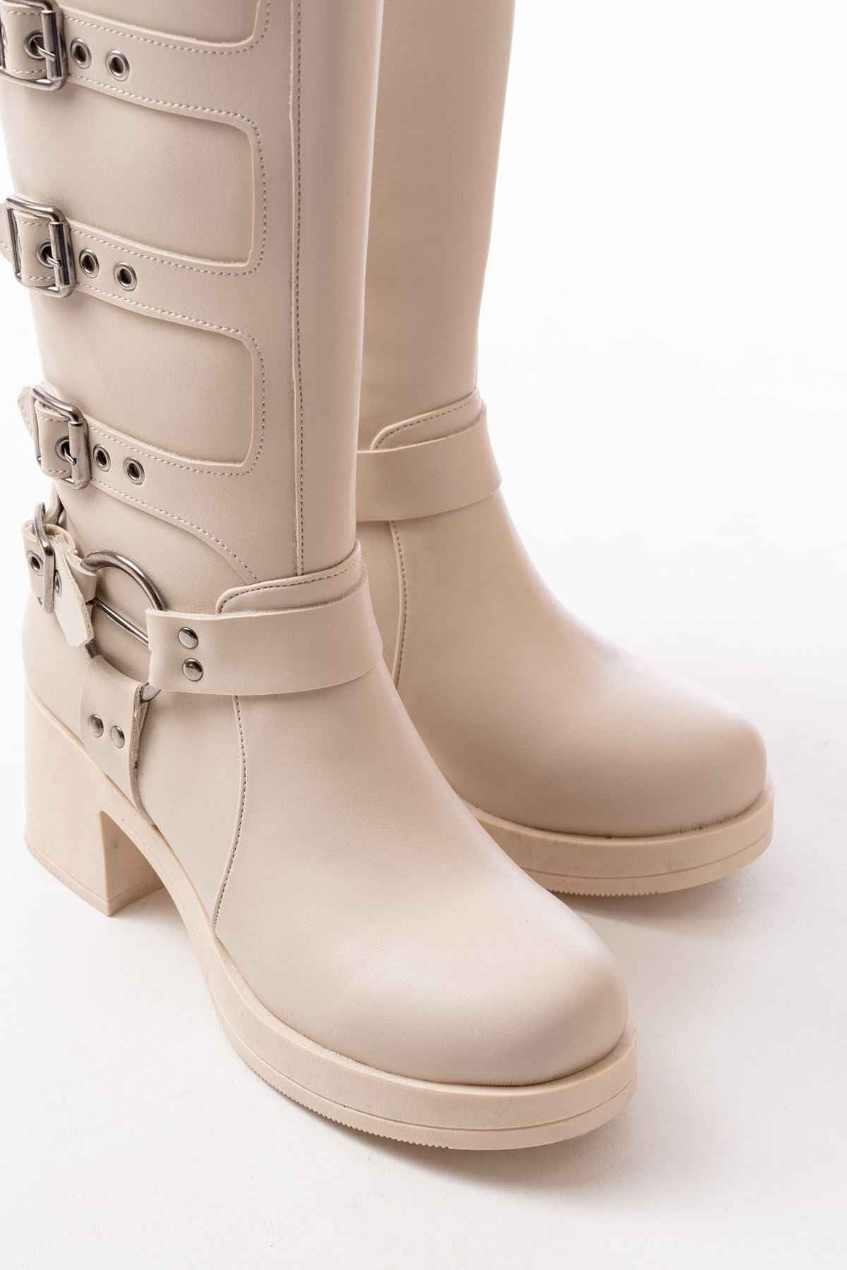 Ayakkabı Aşkı 5109-3015 Bej Topuklu Fermuarlı Toka Aksesuarlı Günlük Kadın Çizme