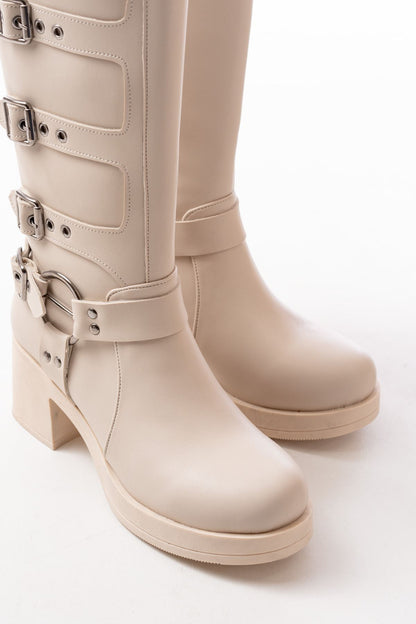 Ayakkabı Aşkı Bej Topuklu Fermuarlı Toka Aksesuarlı Günlük Kadın Çizme