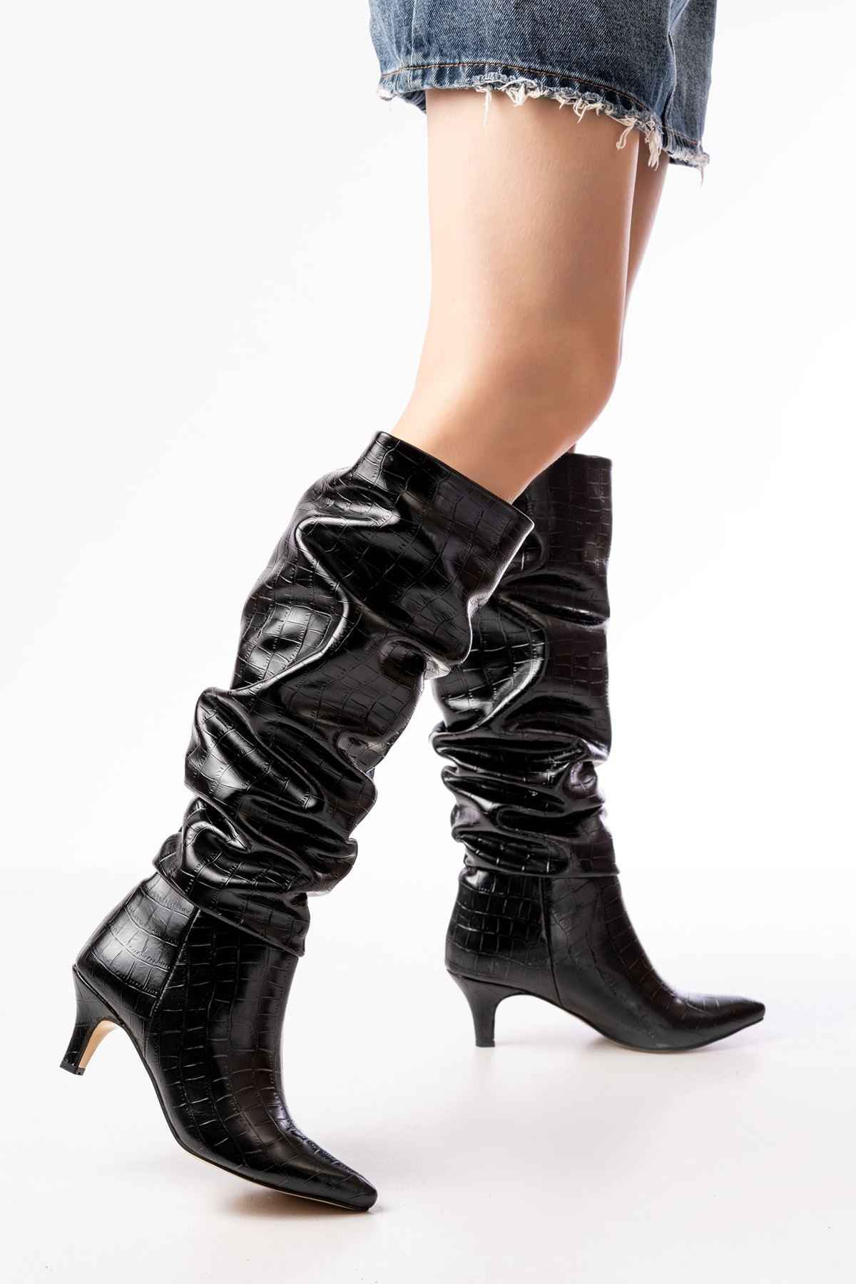 Ayakkabı Aşkı Sr-2001 Siyah Kroko Ince Topuklu Günlük Bayan Çizme