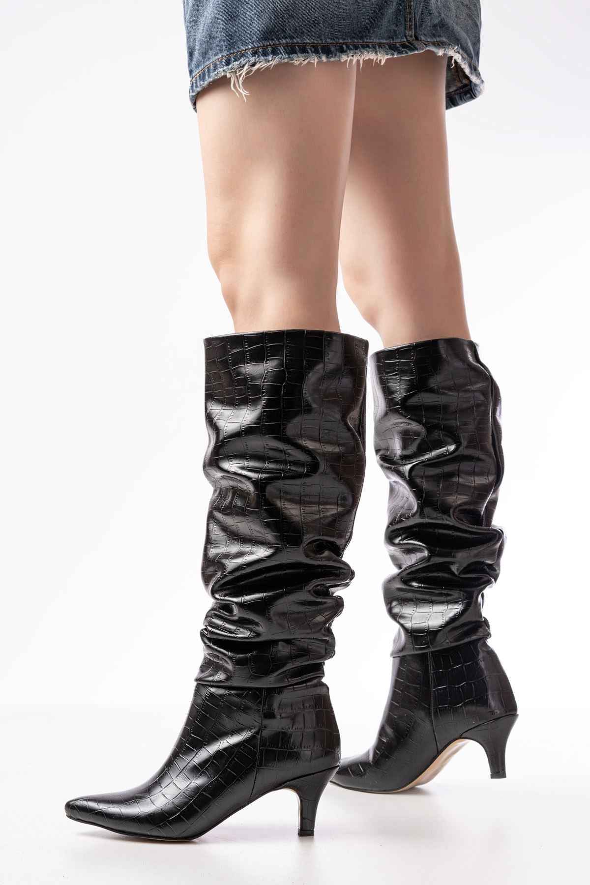 Ayakkabı Aşkı Sr-2001 Siyah Kroko Ince Topuklu Günlük Bayan Çizme