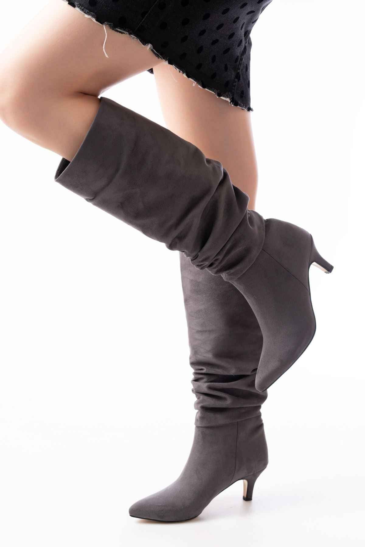 Ayakkabı Aşkı Sr-2001 Gri Süet Ince Topuklu Günlük Bayan Çizme