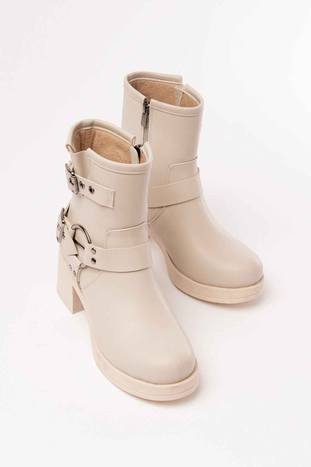 Ayakkabı Aşkı 5109-3028 Bej Toka Aksesuarlı Fermuarlı Topuklu Günlük Kadın Bot