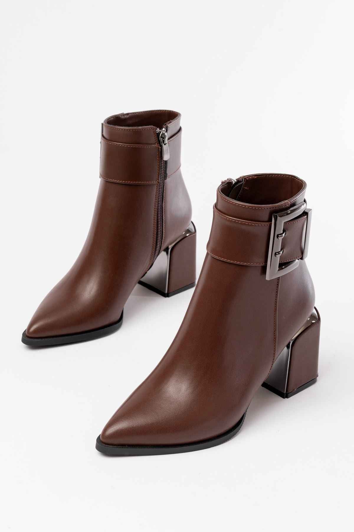 Ayakkabı Aşkı Dnz-400 Kahverengi Toka Aksesuarlı Topuklu Fermuarlı Günlük Kadın Bot