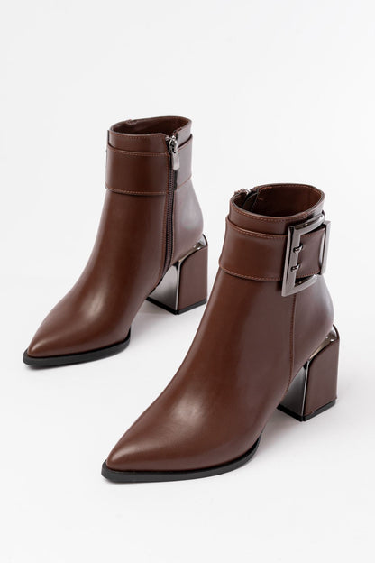 Ayakkabı Aşkı Kahverengi Toka Aksesuarlı Topuklu Fermuarlı Günlük Kadın Bot