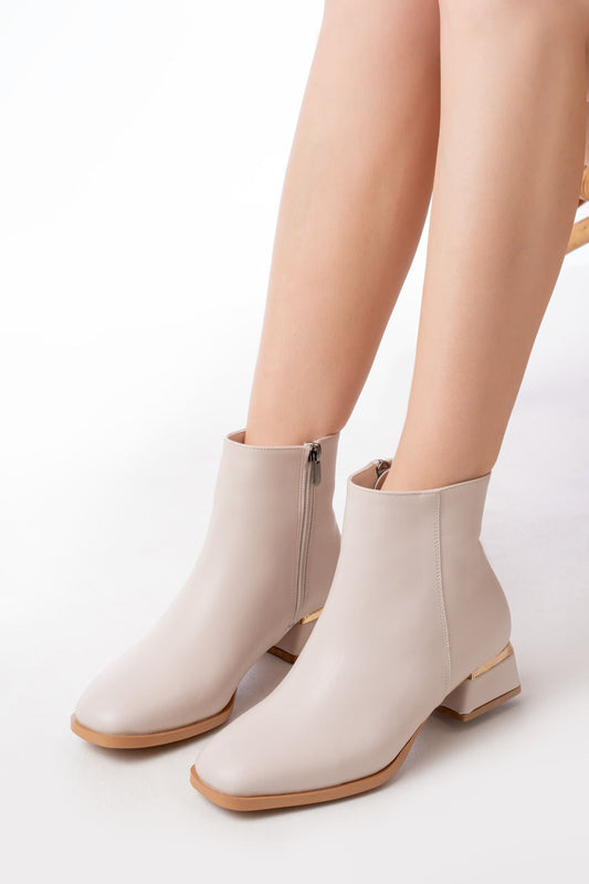 Ayakkabı Aşkı Bej Topuklu Fermuarlı Günlük Kadın Bot