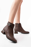 Ayakkabı Aşkı Rm-502 Kahverengi Toka Aksesuarlı Topuklu Fermuarlı Günlük Kadın Bot