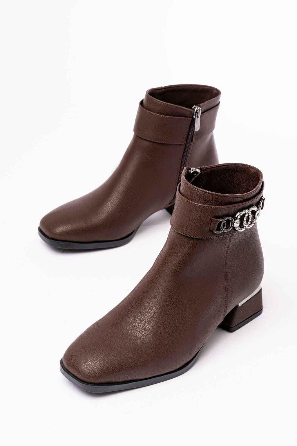 Ayakkabı Aşkı Rm-502 Kahverengi Toka Aksesuarlı Topuklu Fermuarlı Günlük Kadın Bot