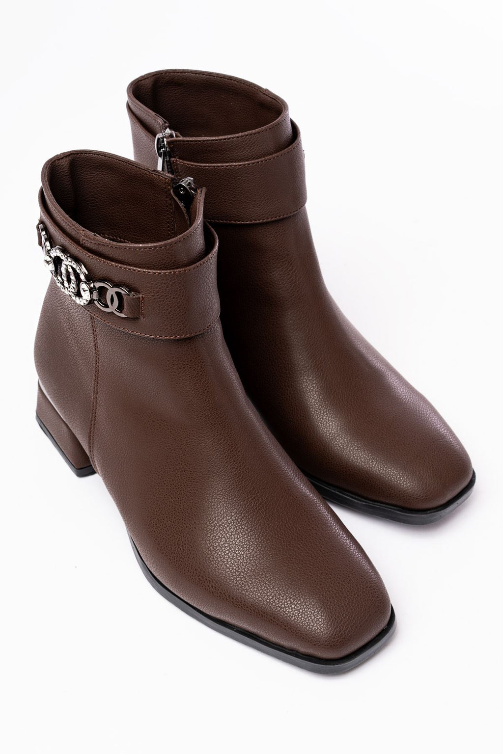 Ayakkabı Aşkı Kahverengi Toka Aksesuarlı Topuklu Fermuarlı Günlük Kadın Bot - Ayakkabı Aşkı