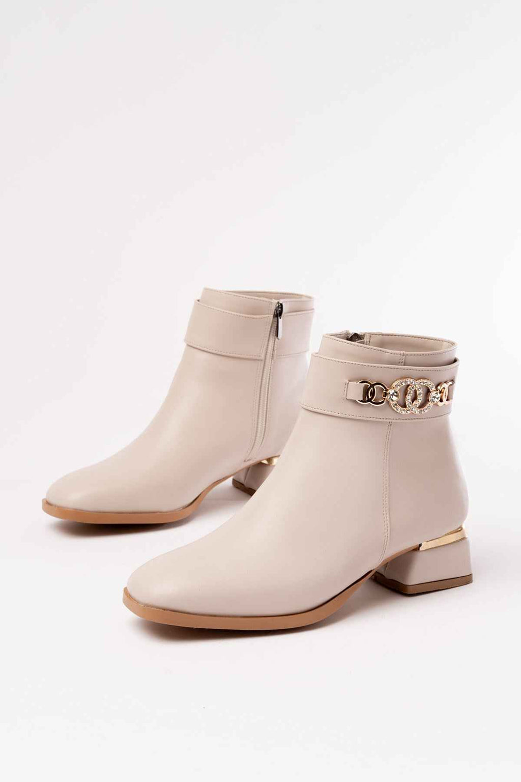 Ayakkabı Aşkı Rm-502 Bej Toka Aksesuarlı Topuklu Fermuarlı Günlük Kadın Bot