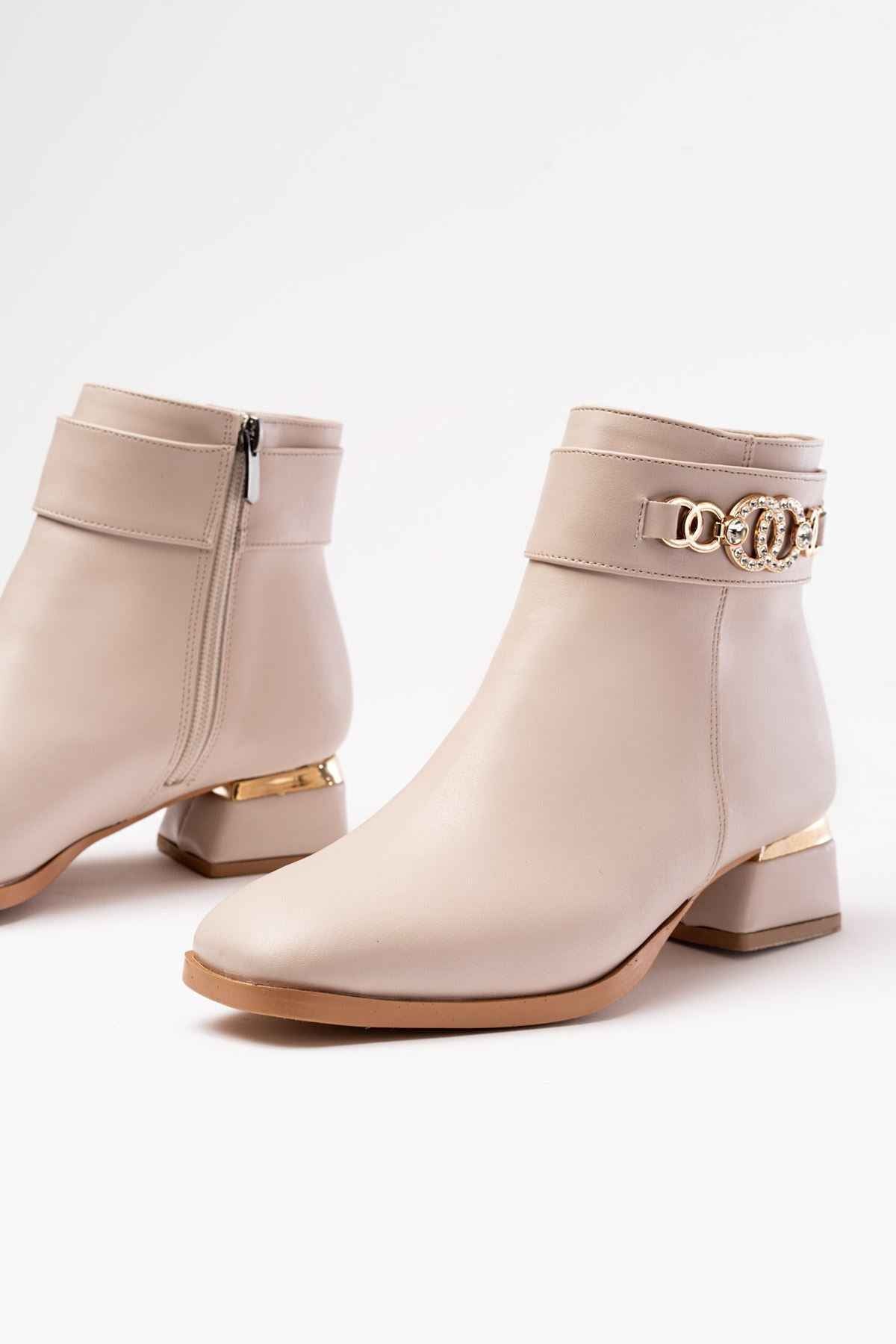 Ayakkabı Aşkı Rm-502 Bej Toka Aksesuarlı Topuklu Fermuarlı Günlük Kadın Bot