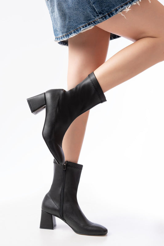 HC-2700 Siyah Streç Topuklu Fermuarlı Günlük Kadın Bot - Siyah