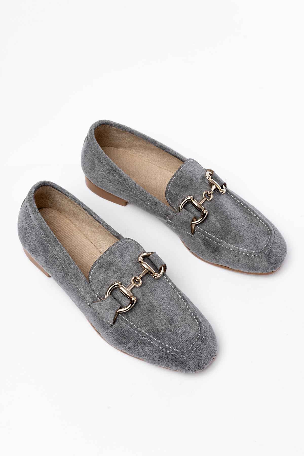 Ayakkabı Aşkı 303 Gri Süet Toka Aksesuarlı Günlük Kadın Babet