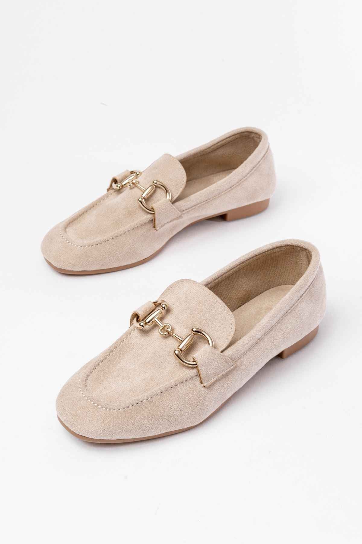Ayakkabı Aşkı 303 Bej Süet Toka Aksesuarlı Günlük Kadın Babet