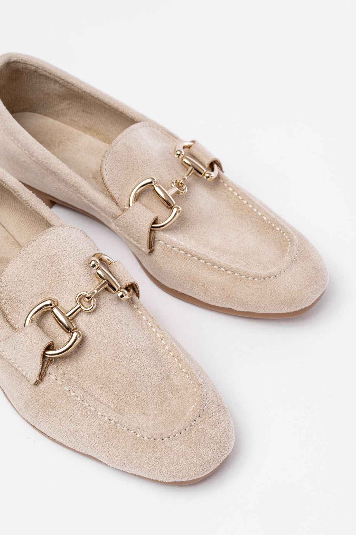 Ayakkabı Aşkı 303 Bej Süet Toka Aksesuarlı Günlük Kadın Babet