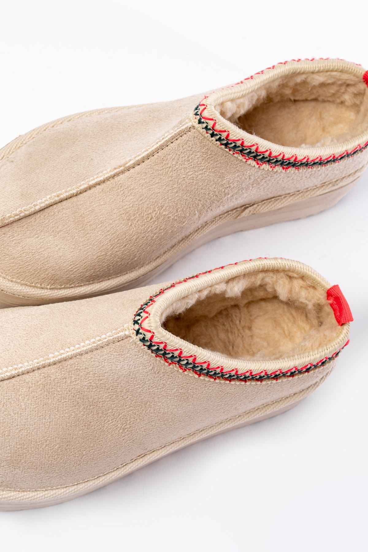 Ayakkabı Aşkı Ndr-2888 Bej Süet Içi Kürklü Kışlık Kapalı Burun Kadın Günlük Terlik