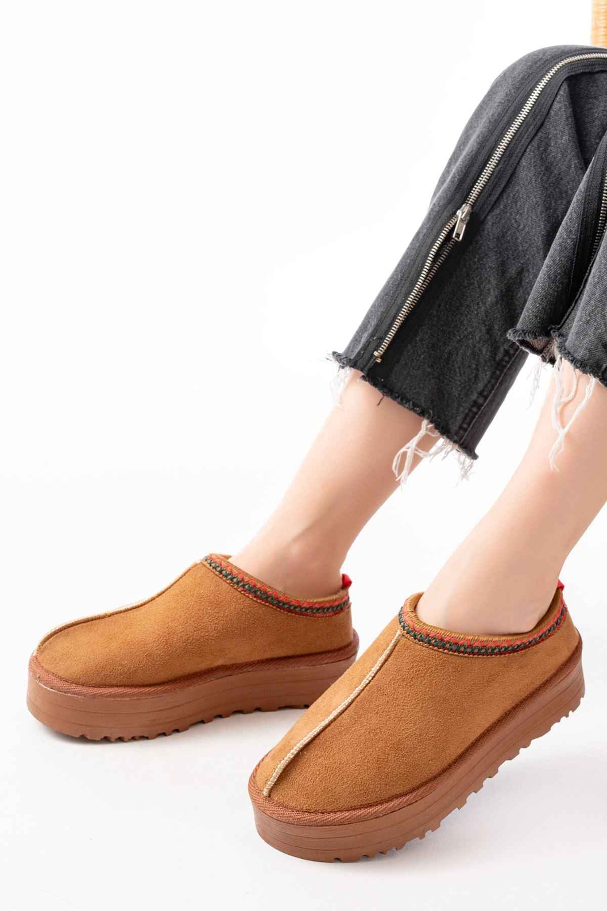 Ayakkabı Aşkı Ndr-2888 Taba Süet Içi Kürklü Kışlık Kapalı Burun Kadın Günlük Terlik