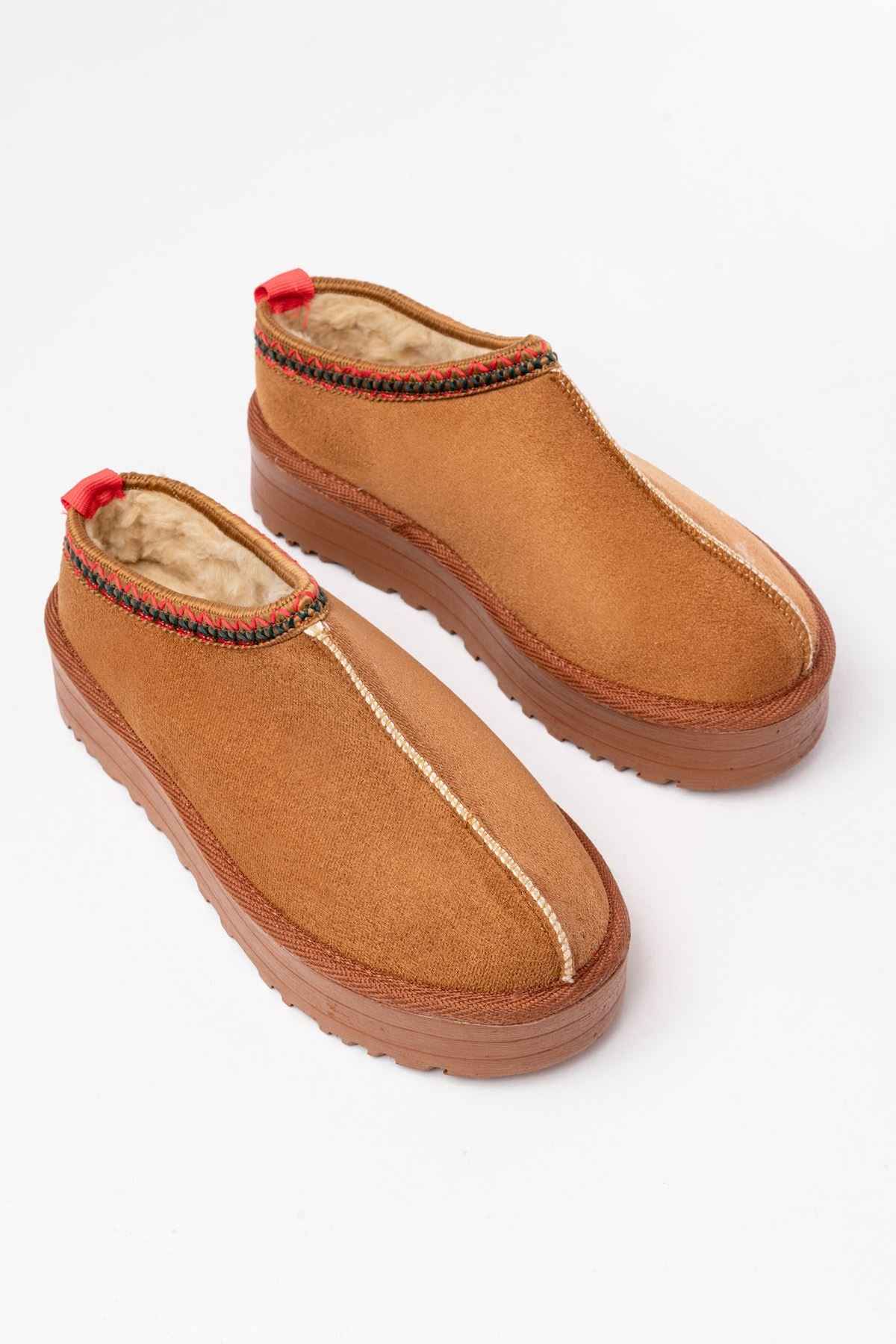 Ayakkabı Aşkı Ndr-2888 Taba Süet Içi Kürklü Kışlık Kapalı Burun Kadın Günlük Terlik