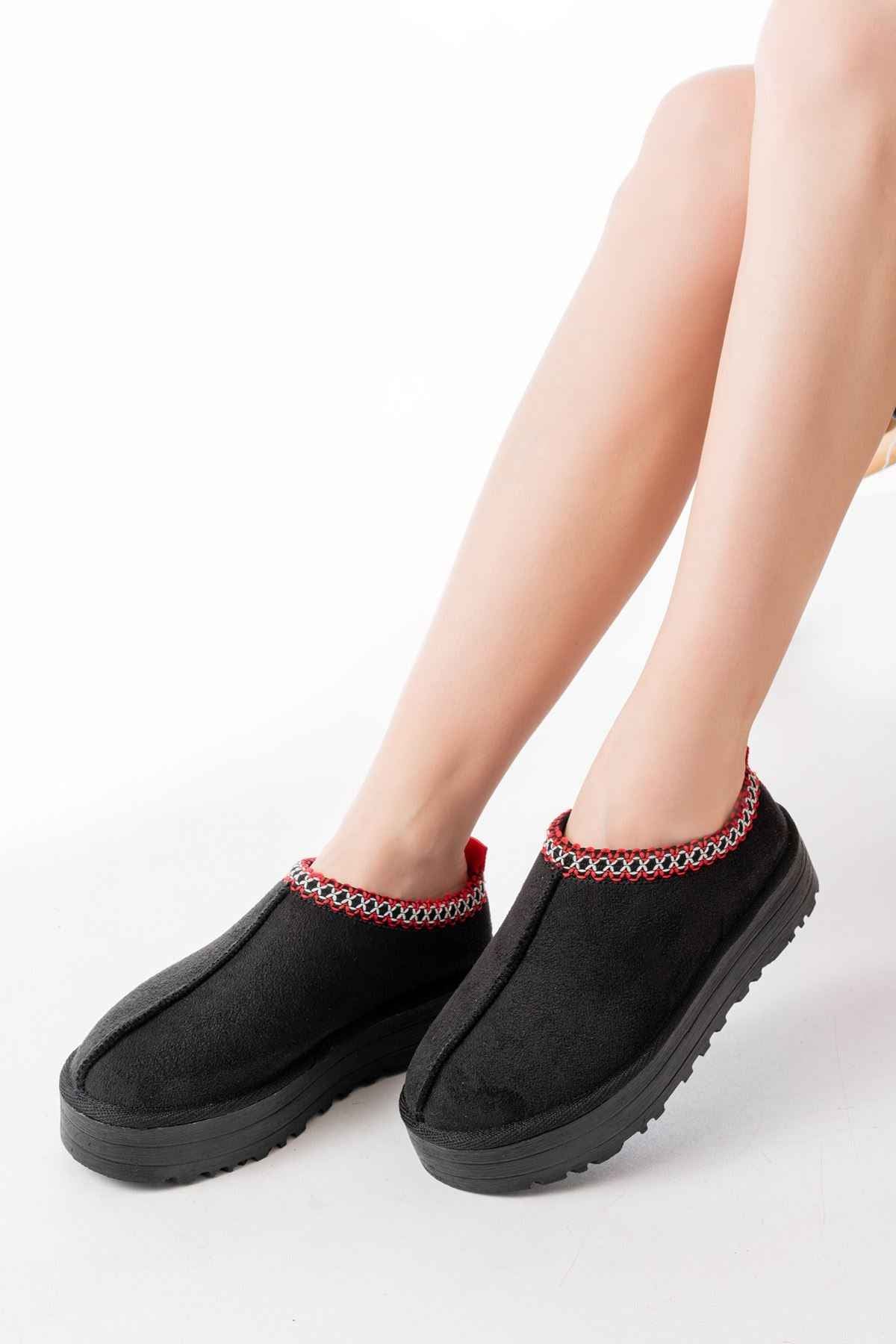 Ayakkabı Aşkı Ndr-2888 Siyah Süet Içi Kürklü Kışlık Kapalı Burun Kadın Günlük Terlik