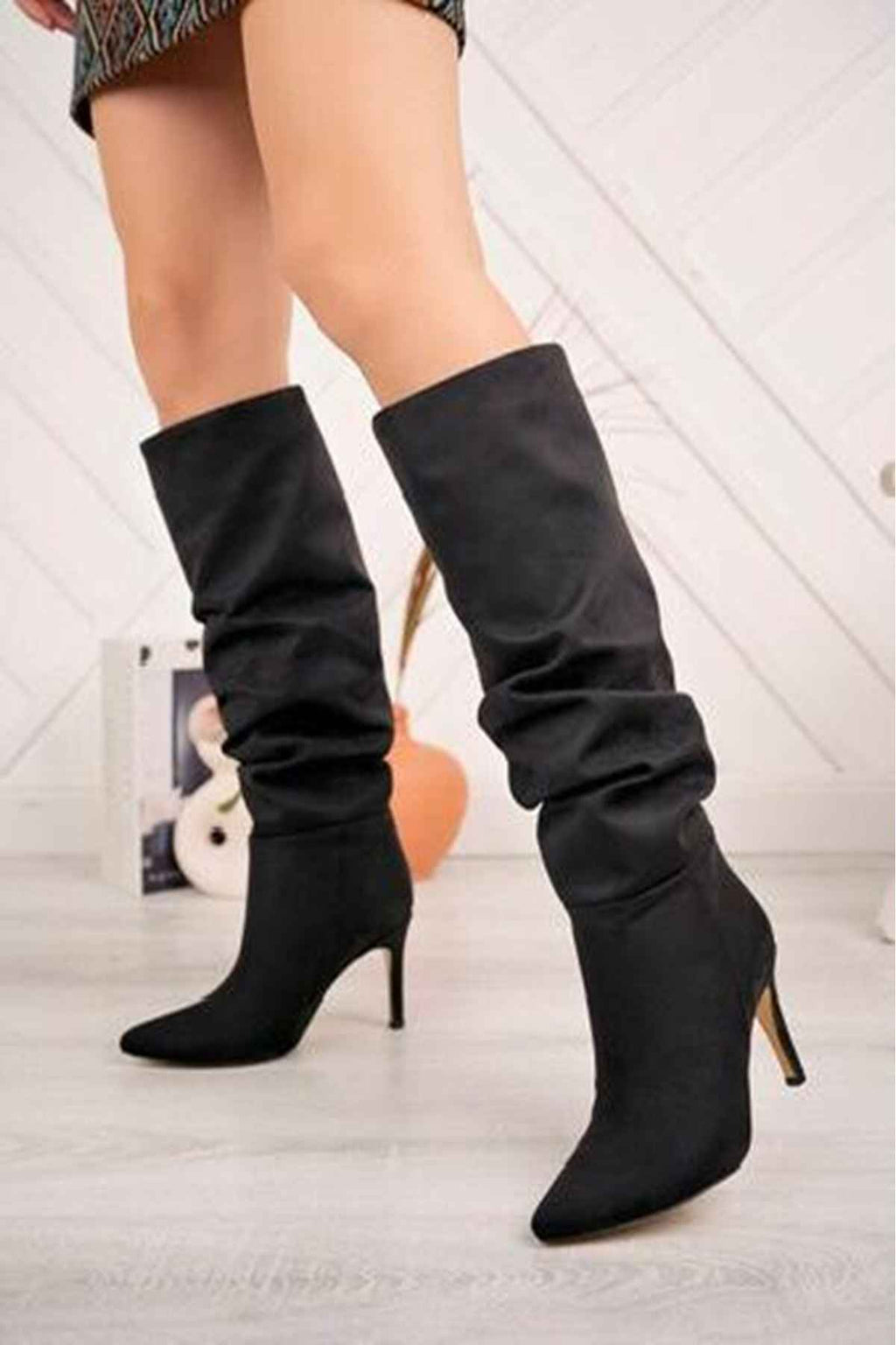 Ayakkabı Aşkı Syt-2003 Siyah Süet Körüklü Ince Topuklu Günlük Bayan Çizme