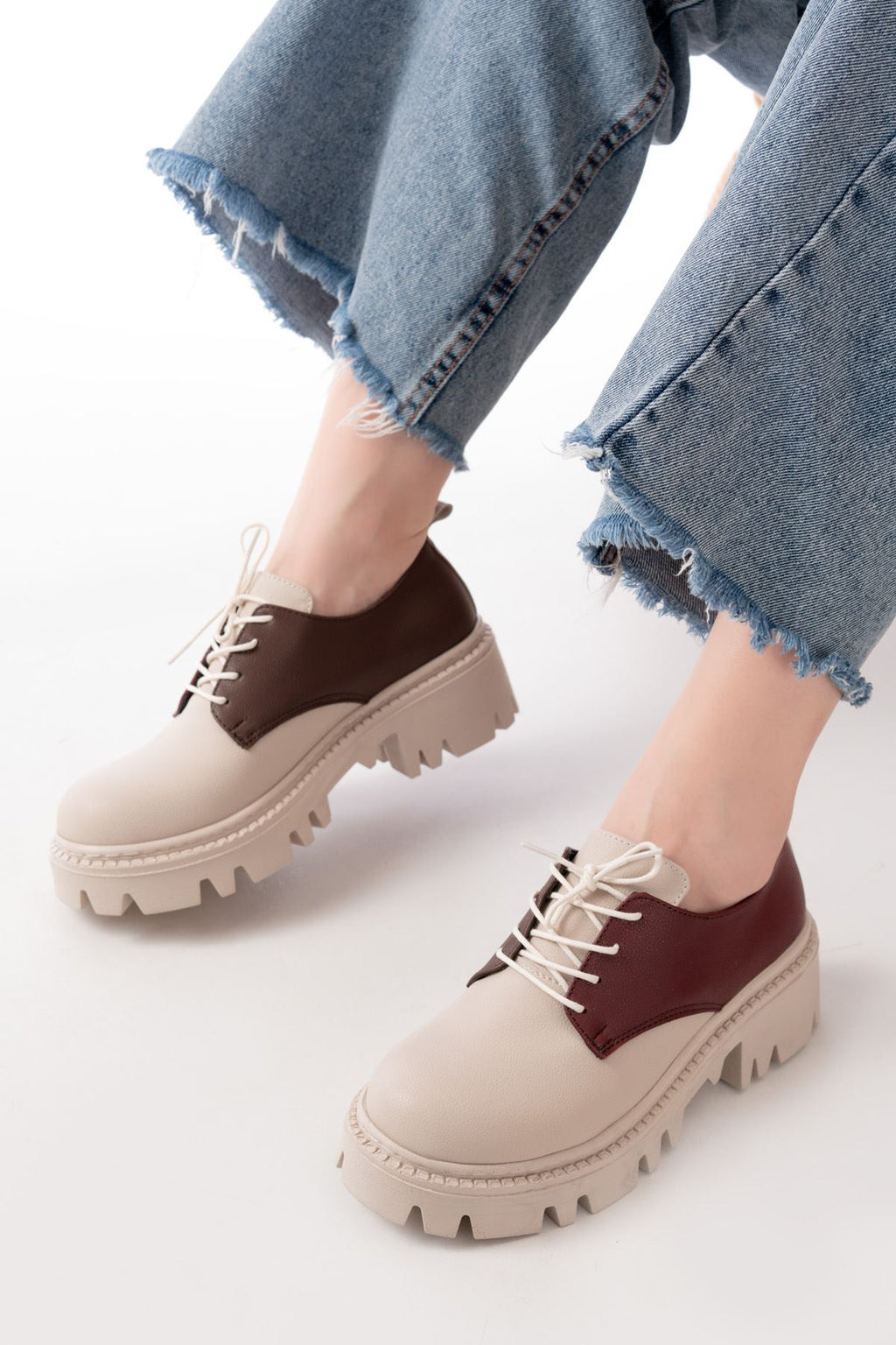 Ayakkabı Aşkı Bej Garni Bağcıklı Günlük Yüksek Tabanlı Loafer Ayakkabı - Ayakkabı Aşkı