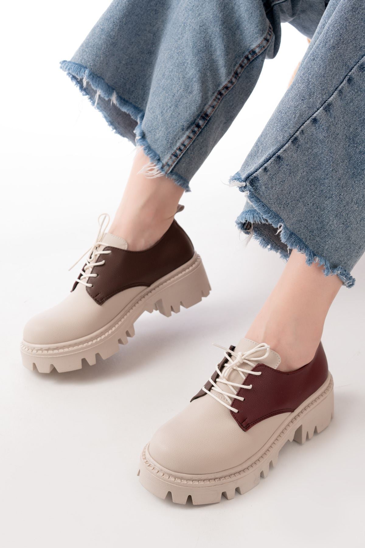 Ayakkabı Aşkı Bej Garni Bağcıklı Günlük Yüksek Tabanlı Loafer Ayakkabı - Ayakkabı Aşkı