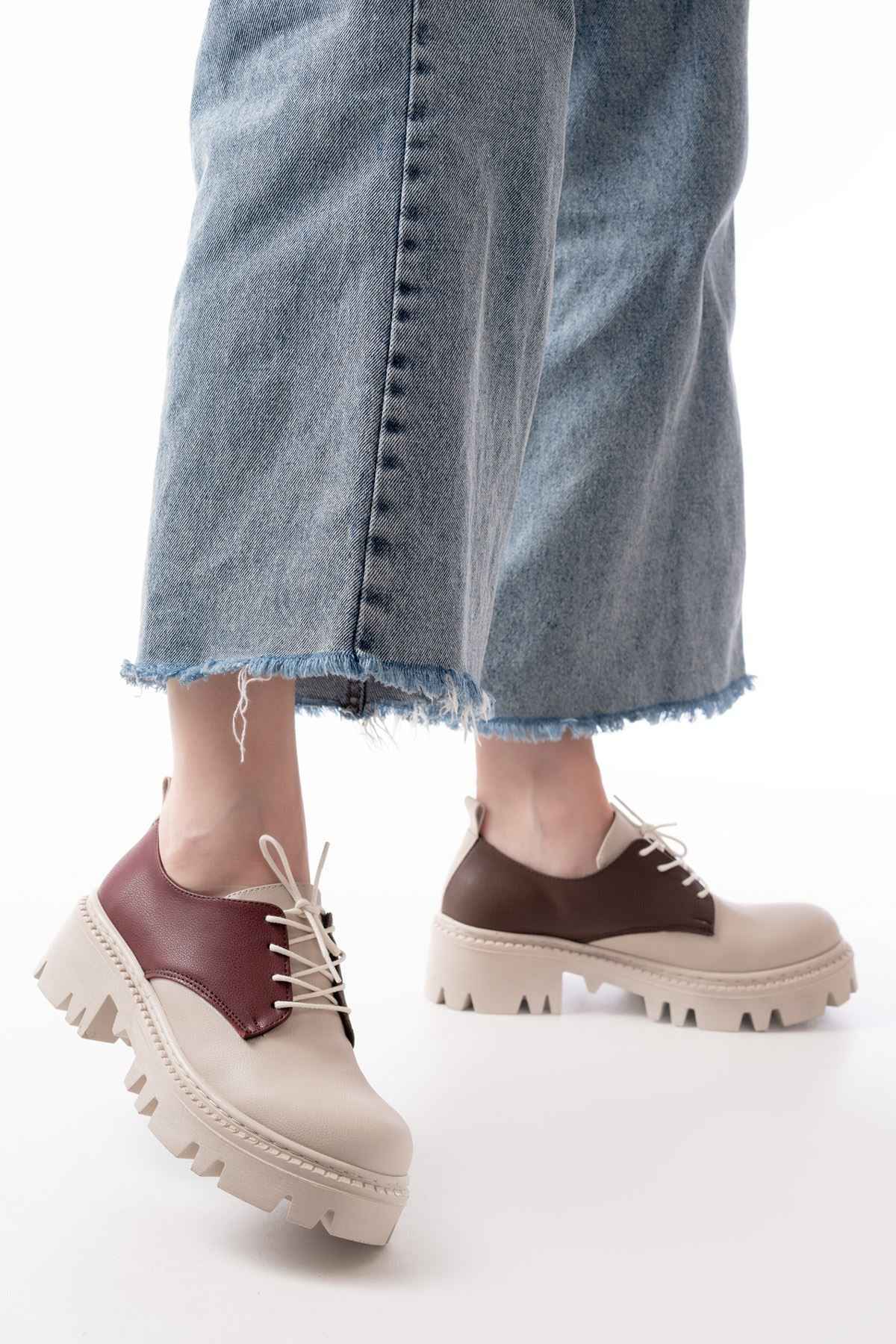 Ayakkabı Aşkı 868-754 Bej Garni Bağcıklı Günlük Yüksek Tabanlı Loafer Ayakkabı