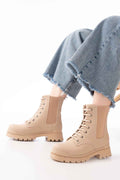 Ayakkabı Aşkı 2051-298 Bej Düz Topuklu Bağcıklı Lastikli Günlük Kadın Bot