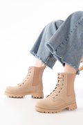 Ayakkabı Aşkı Bej Düz Topuklu Bağcıklı Lastikli Günlük Kadın Bot - Ayakkabı Aşkı