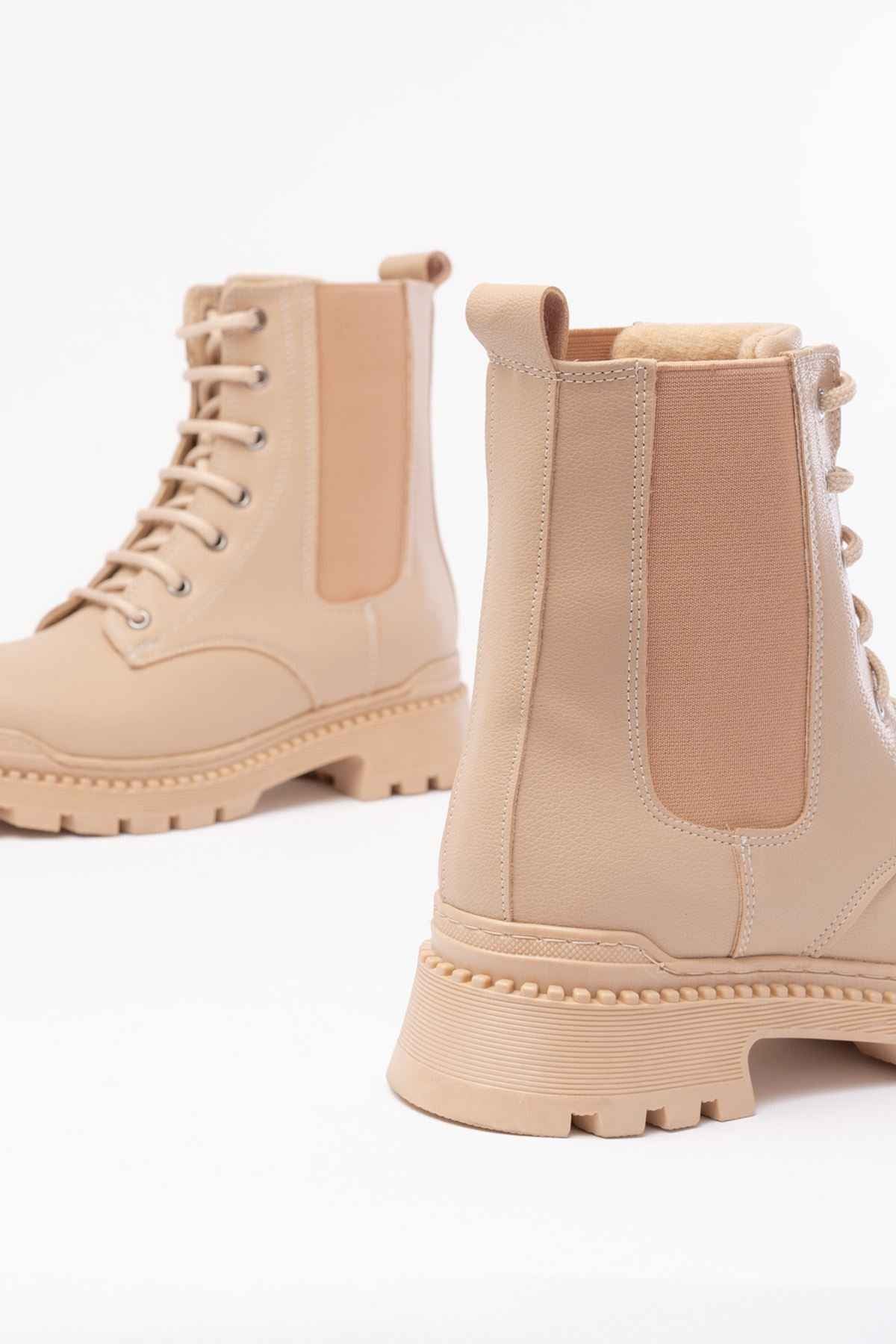 Ayakkabı Aşkı 2051-298 Bej Düz Topuklu Bağcıklı Lastikli Günlük Kadın Bot