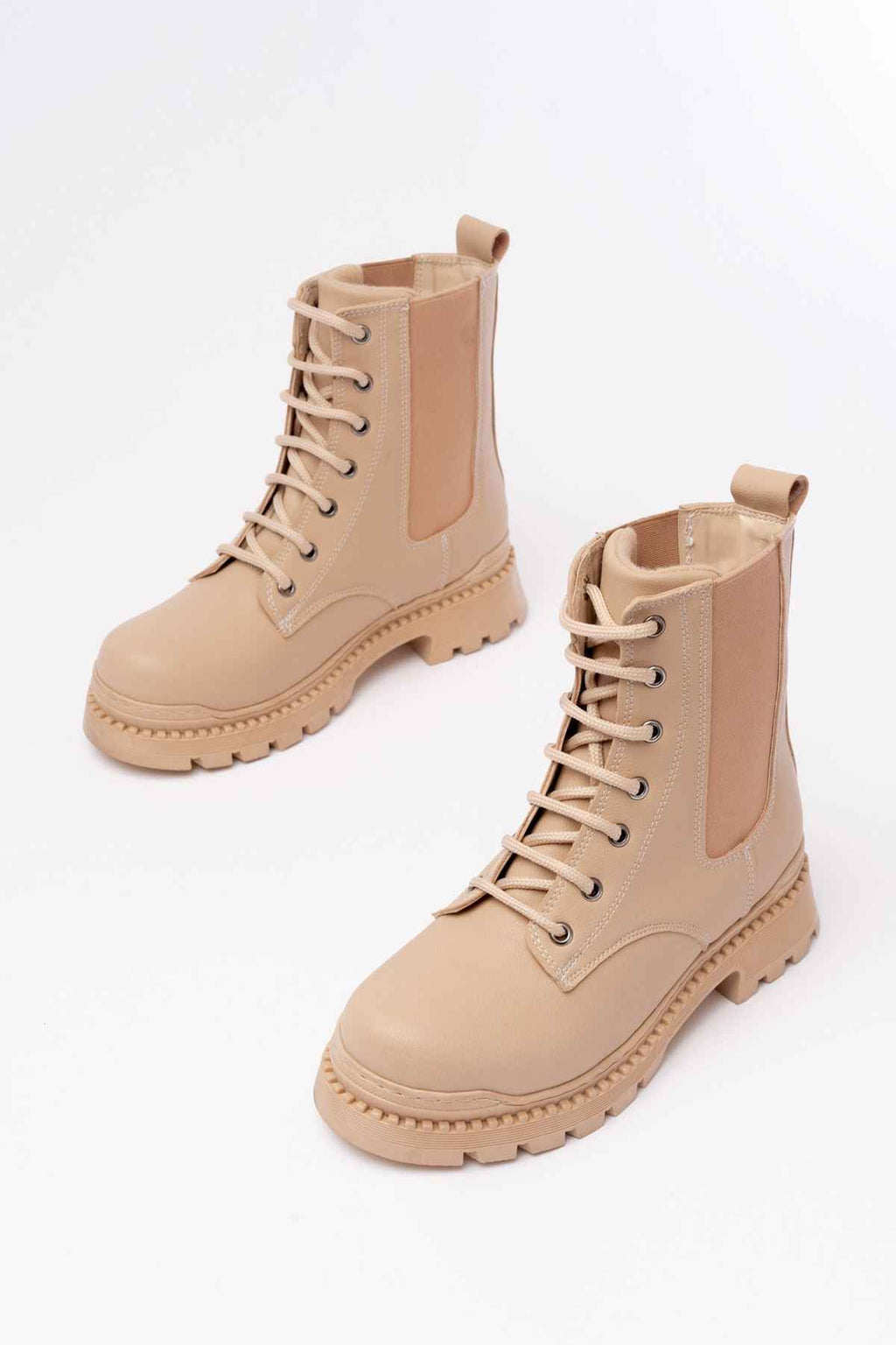 Ayakkabı Aşkı 2051-298 Bej Düz Topuklu Bağcıklı Lastikli Günlük Kadın Bot