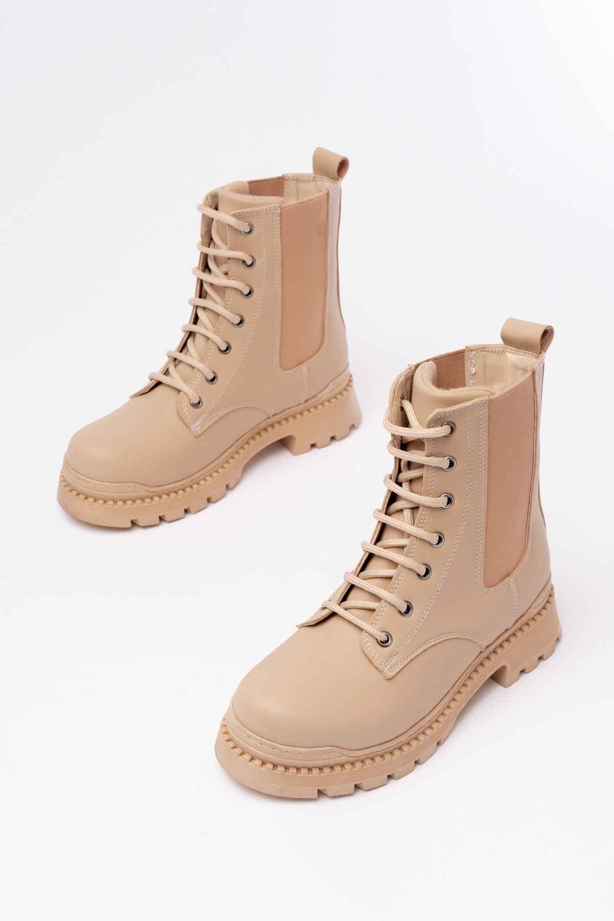 Ayakkabı Aşkı 2051-298 Bej Düz Topuklu Bağcıklı Lastikli Günlük Kadın Bot