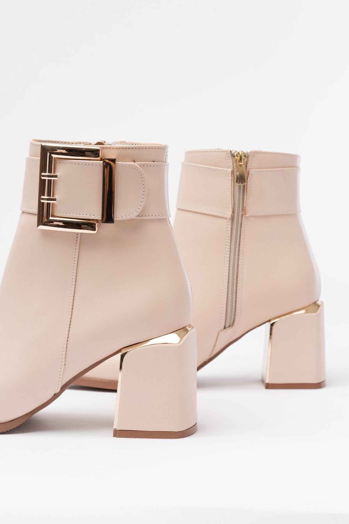 Ayakkabı Aşkı Dnz-400 Bej Toka Aksesuarlı Topuklu Fermuarlı Günlük Kadın Bot