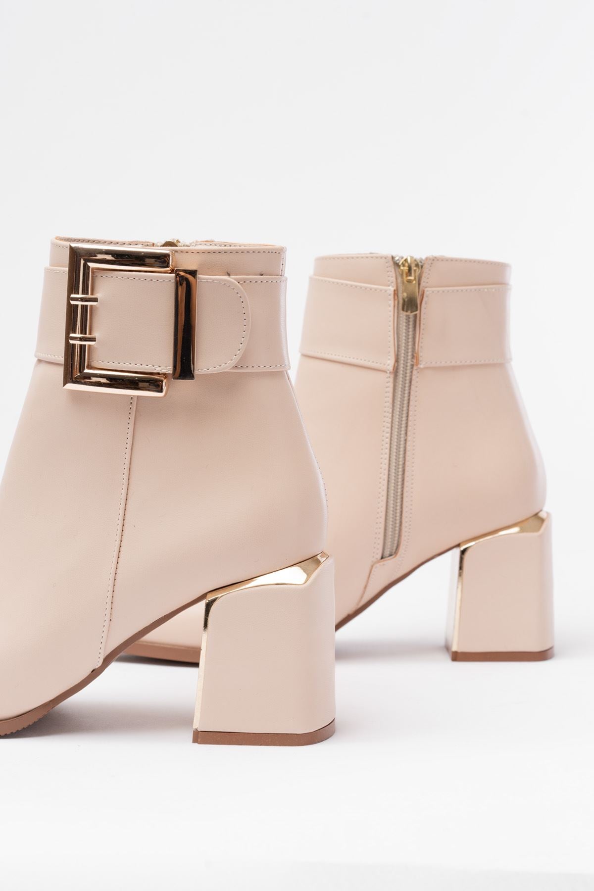 Ayakkabı Aşkı Bej Toka Aksesuarlı Topuklu Fermuarlı Günlük Kadın Bot - Ayakkabı Aşkı