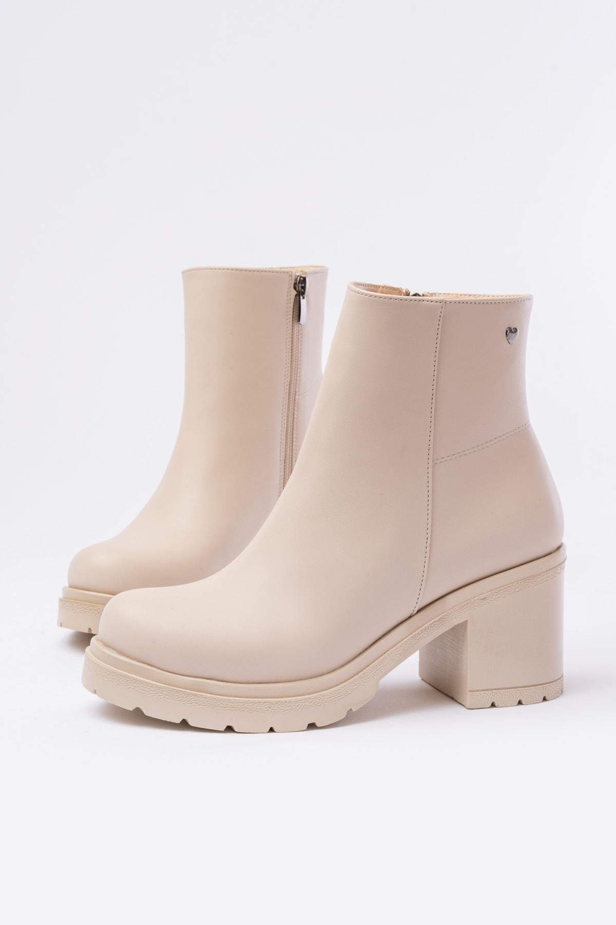 Ayakkabı Aşkı Bej Fermuarlı Kalın Topuklu Günlük Kadın Bot - Ayakkabı Aşkı