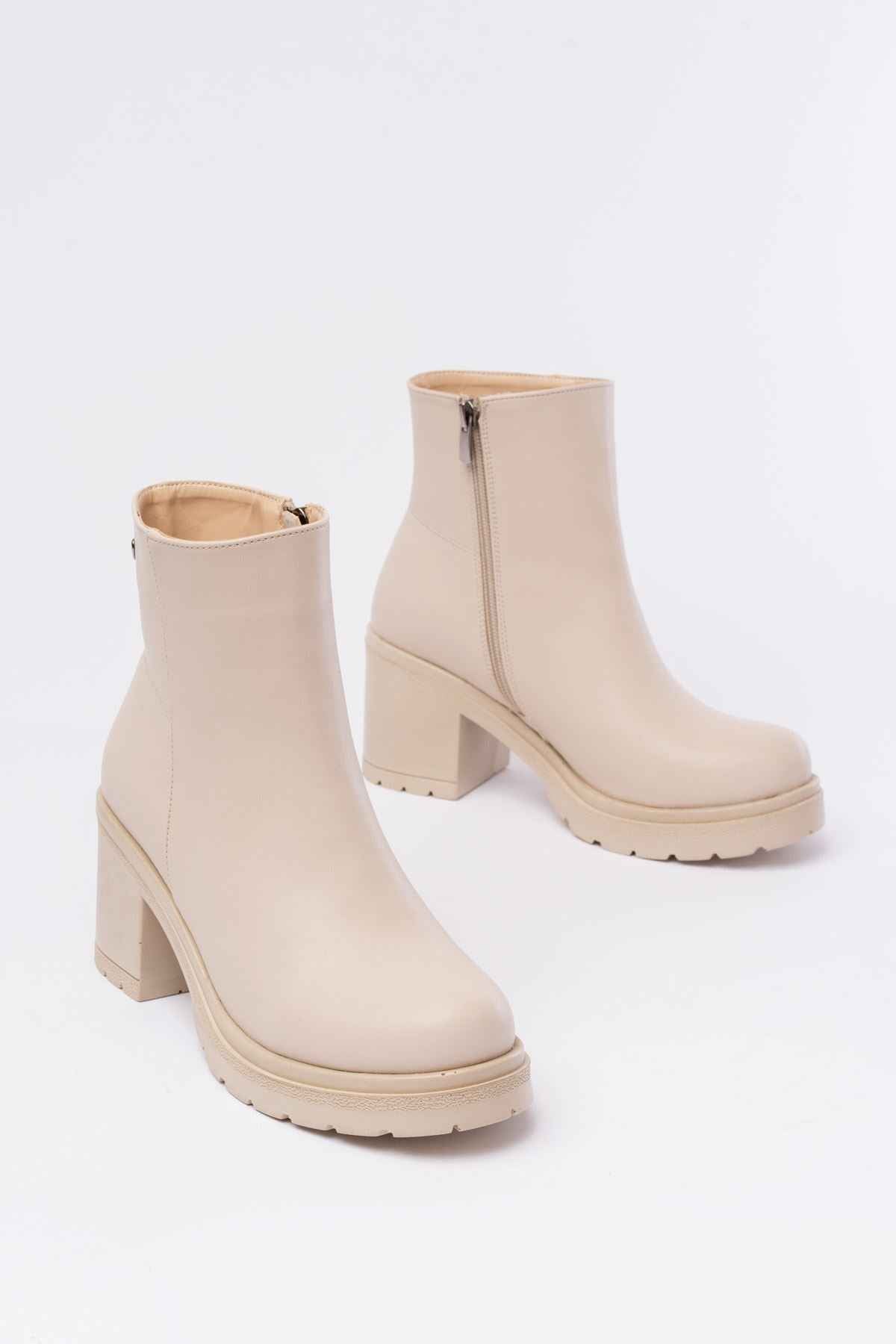 Ayakkabı Aşkı 767-3020 Bej Fermuarlı Kalın Topuklu Günlük Kadın Bot
