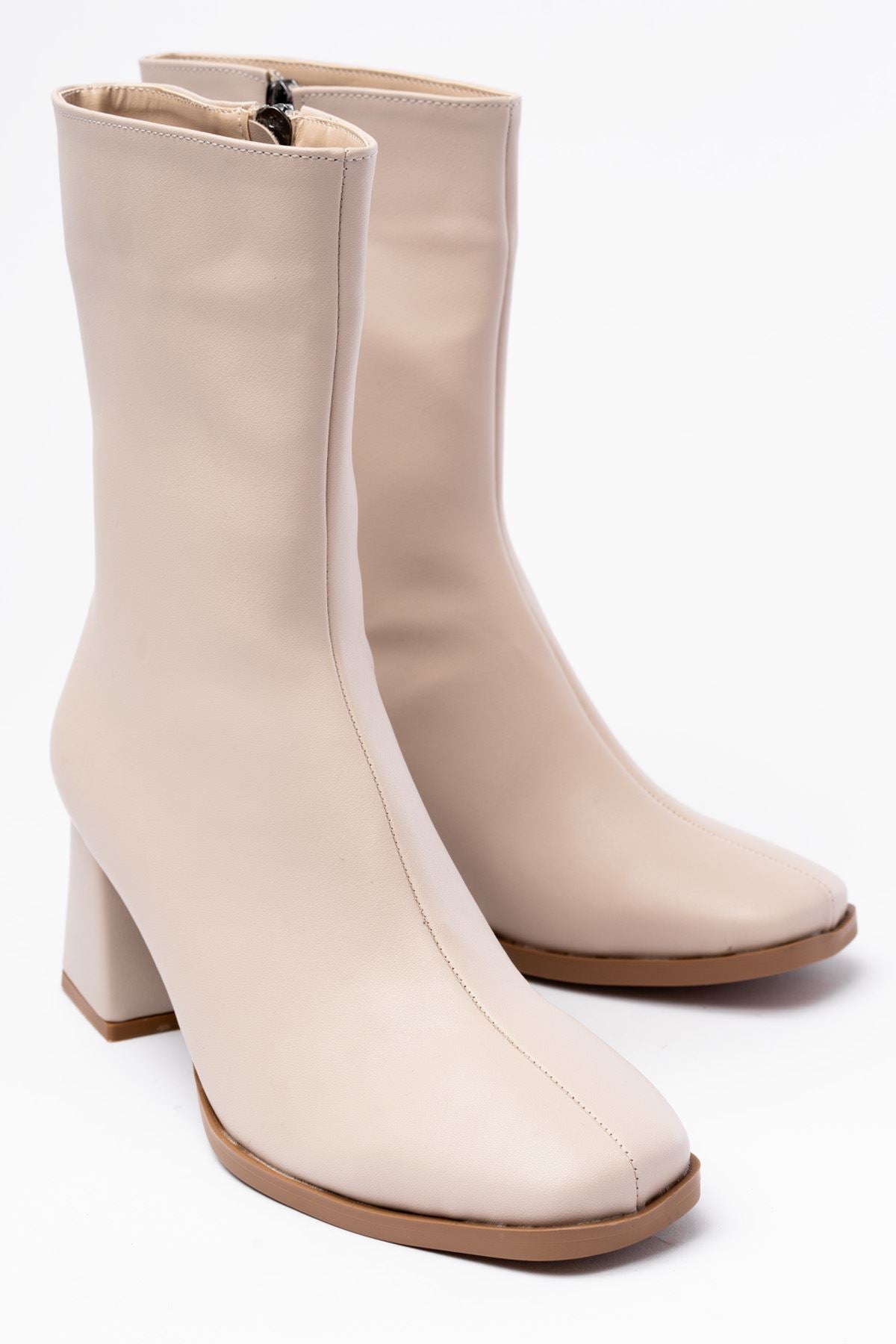 Ayakkabı Aşkı Bej Topuklu Fermuarlı Kadın Bot - Ayakkabı Aşkı