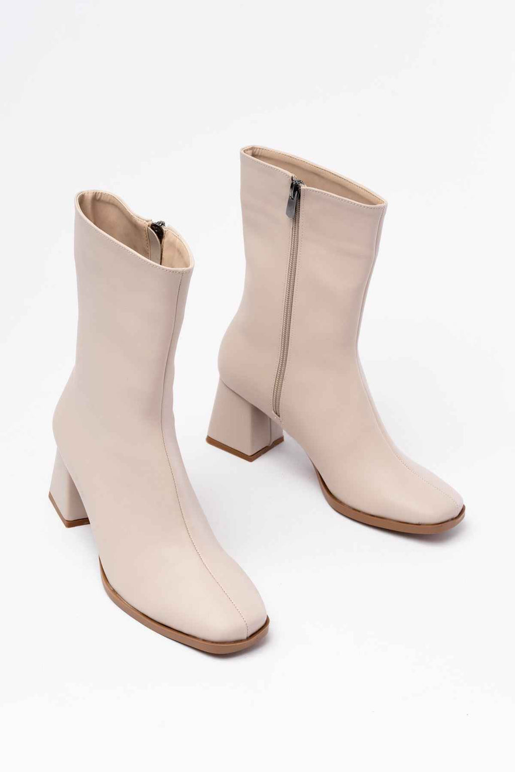 Ayakkabı Aşkı Msk-032 Bej Topuklu Fermuarlı Kadın Bot
