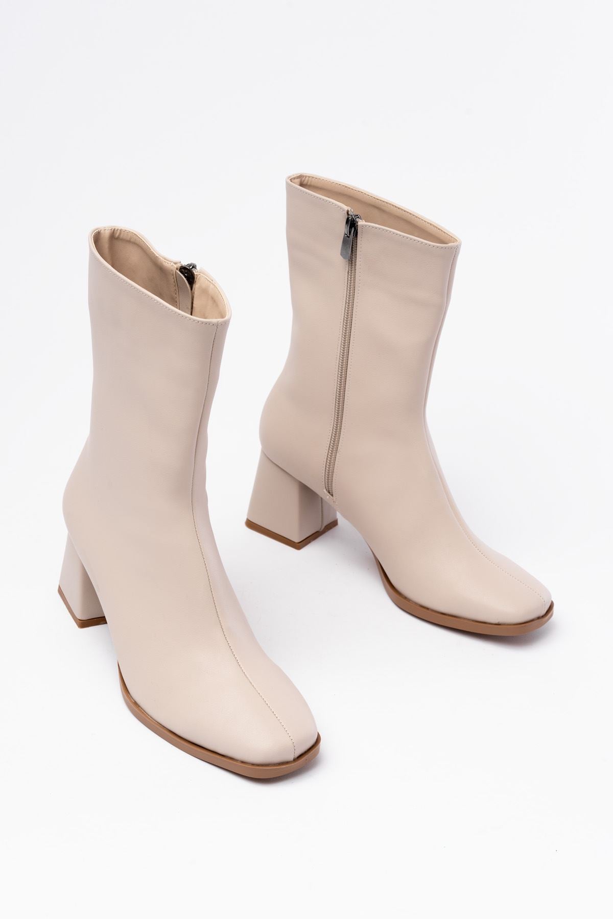 Ayakkabı Aşkı Bej Topuklu Fermuarlı Kadın Bot - Ayakkabı Aşkı