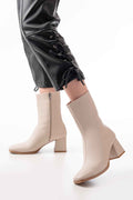 Ayakkabı Aşkı Msk-032 Bej Topuklu Fermuarlı Kadın Bot