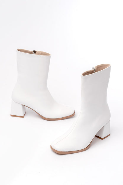 MSK-032 Beyaz Topuklu Fermuarlı Kadın Bot - Beyaz
