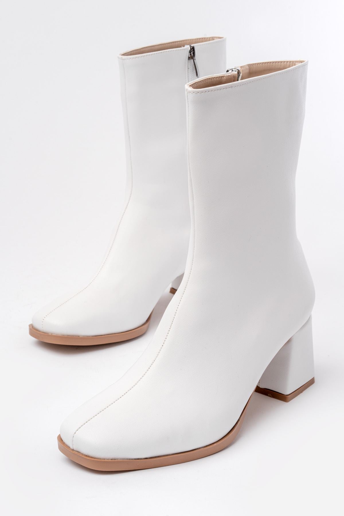 Ayakkabı Aşkı Beyaz Topuklu Fermuarlı Kadın Bot - Ayakkabı Aşkı