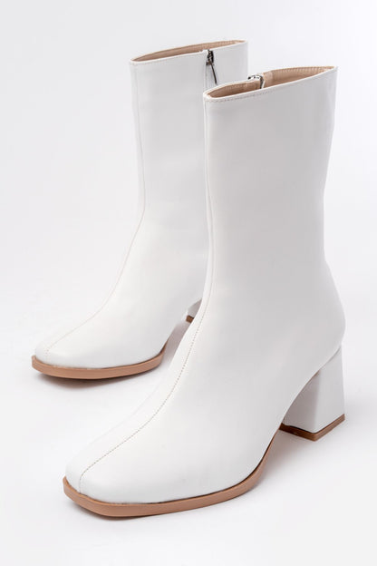 Ayakkabı Aşkı Beyaz Topuklu Fermuarlı Kadın Bot