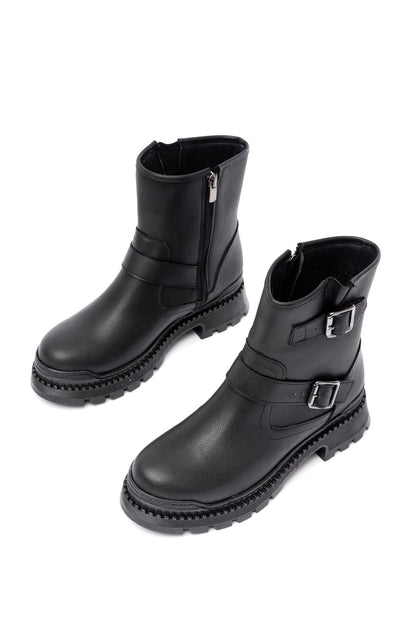 Ayakkabı Aşkı Siyah Tokalı Düz Topuklu Tokalı Fermuarlı Günlük Kadın Bot