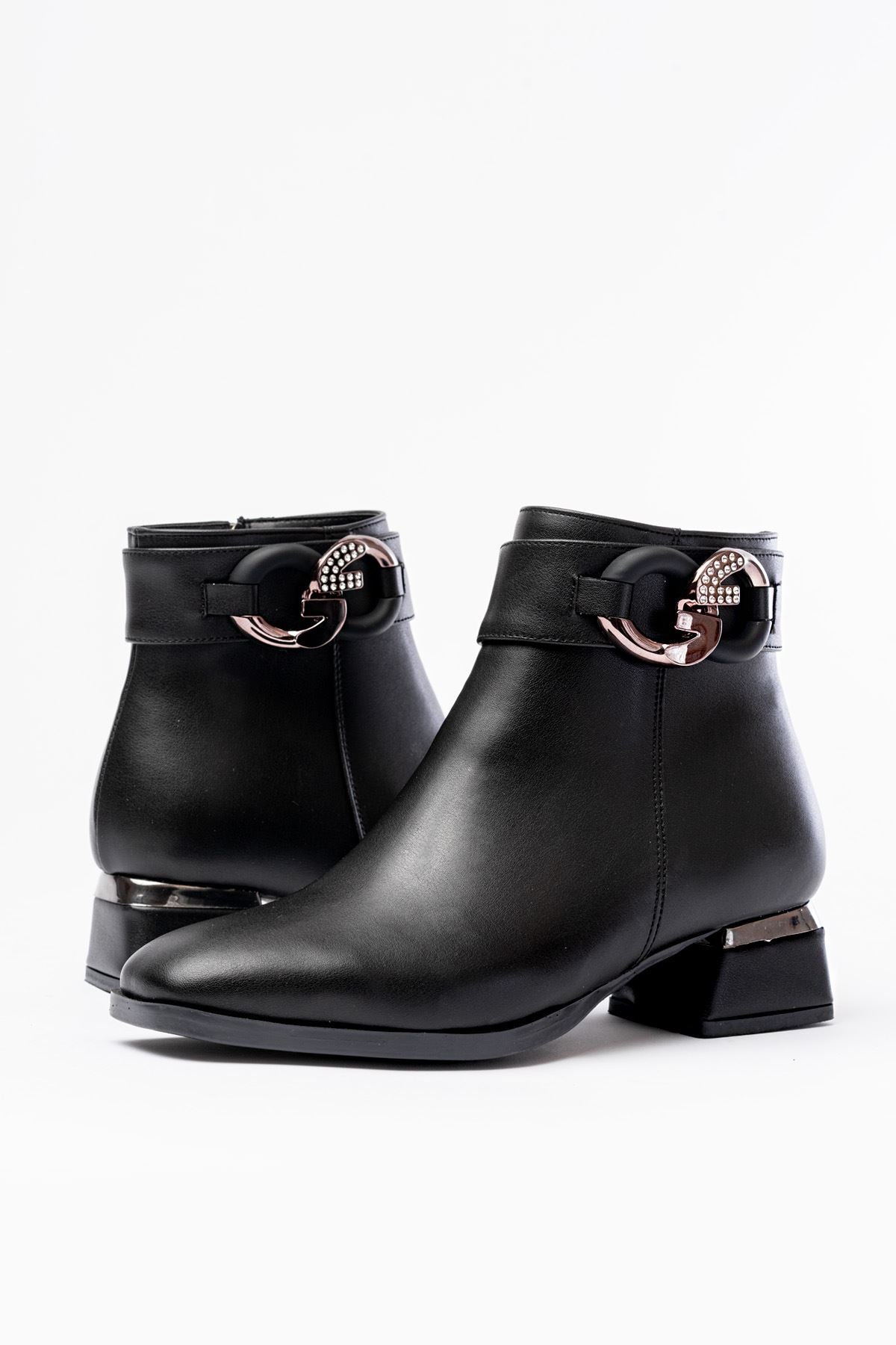 Ayakkabı Aşkı Siyah Toka Aksesuarlı Topuklu Fermuarlı Günlük Kadın Bot