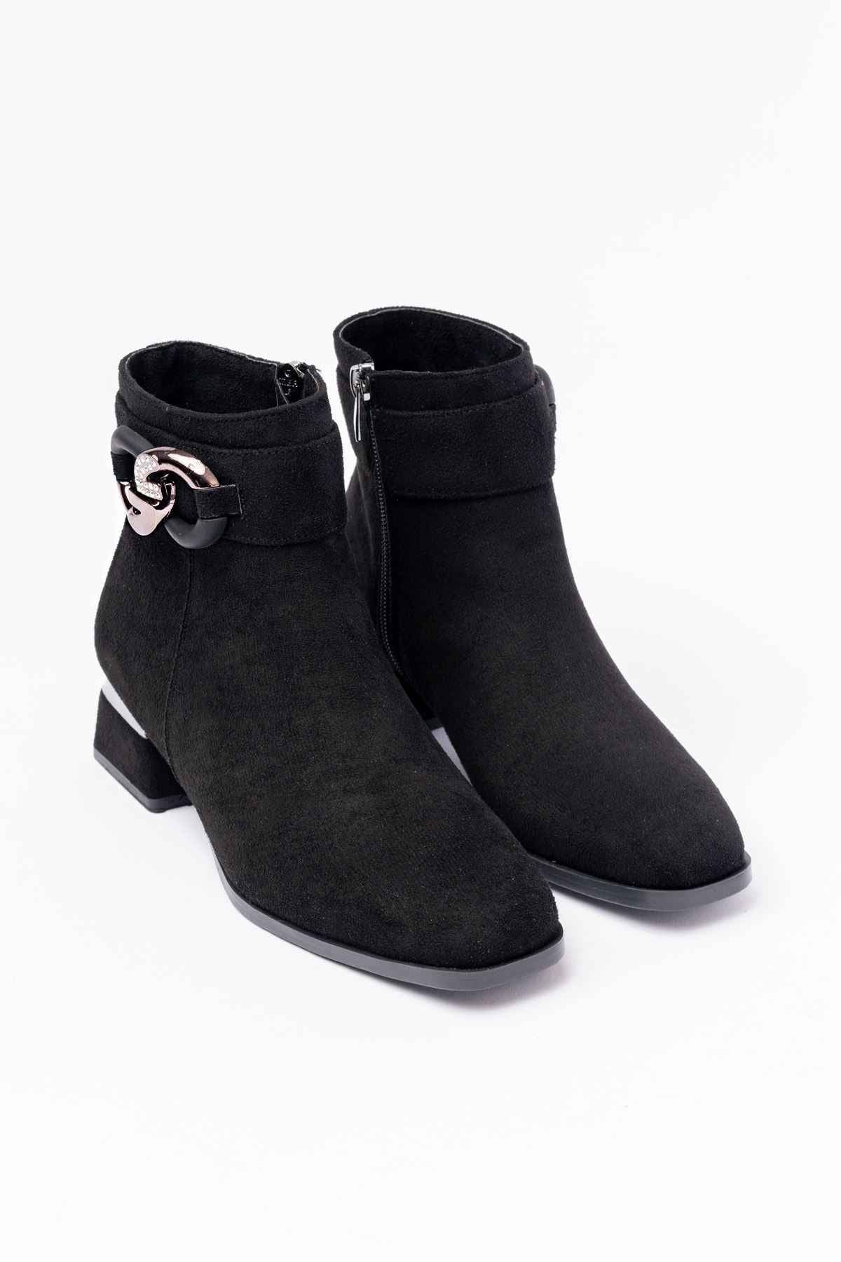 Ayakkabı Aşkı Rm-504 Siyah Süet Toka Aksesuarlı Topuklu Fermuarlı Günlük Kadın Bot