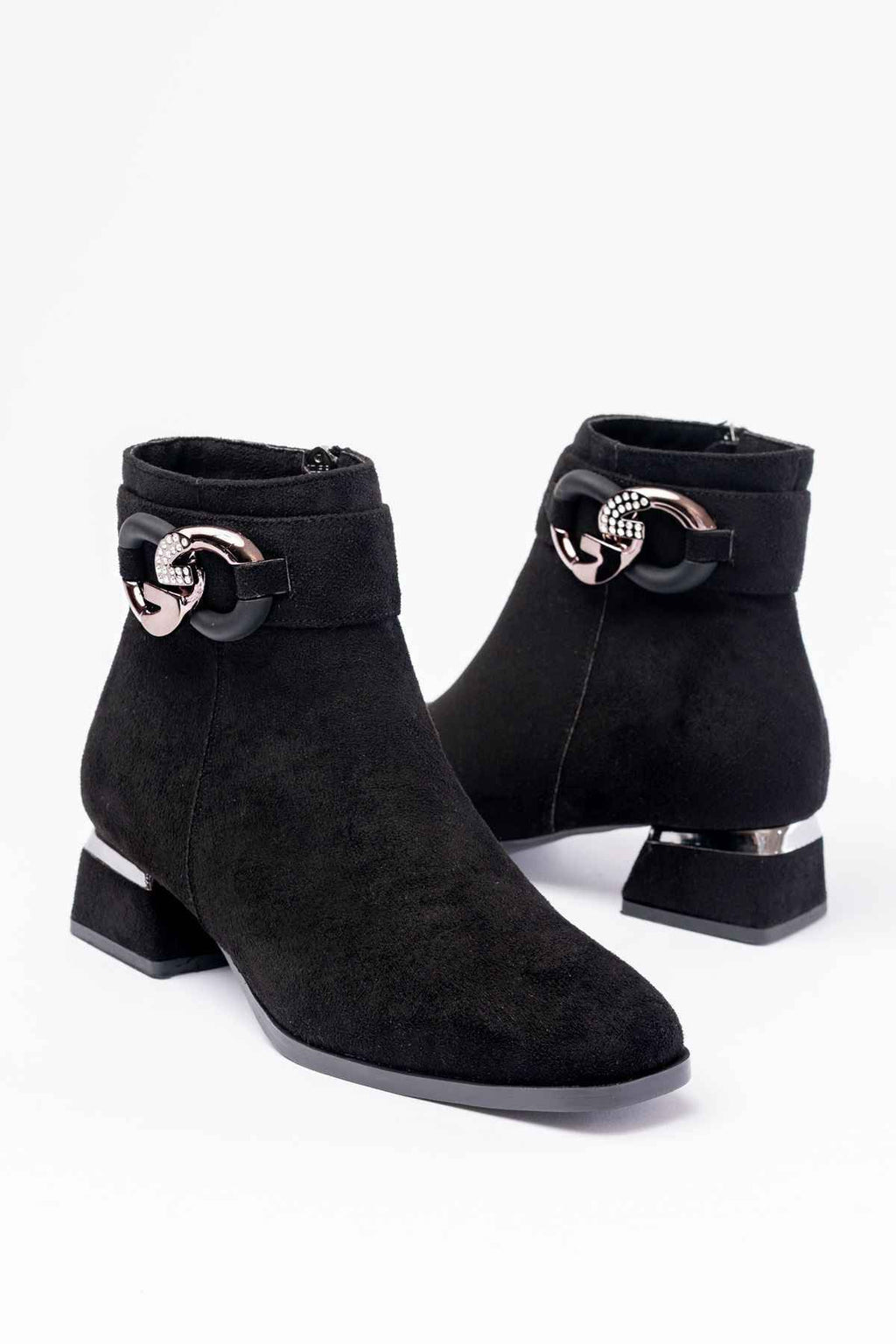 Ayakkabı Aşkı Rm-504 Siyah Süet Toka Aksesuarlı Topuklu Fermuarlı Günlük Kadın Bot