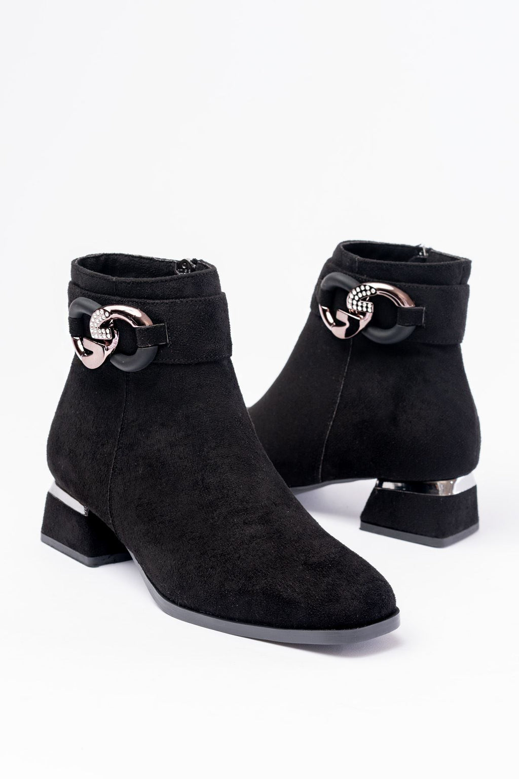 RM-504 Siyah Süet Toka Aksesuarlı Topuklu Fermuarlı Günlük Kadın Bot - Siyah