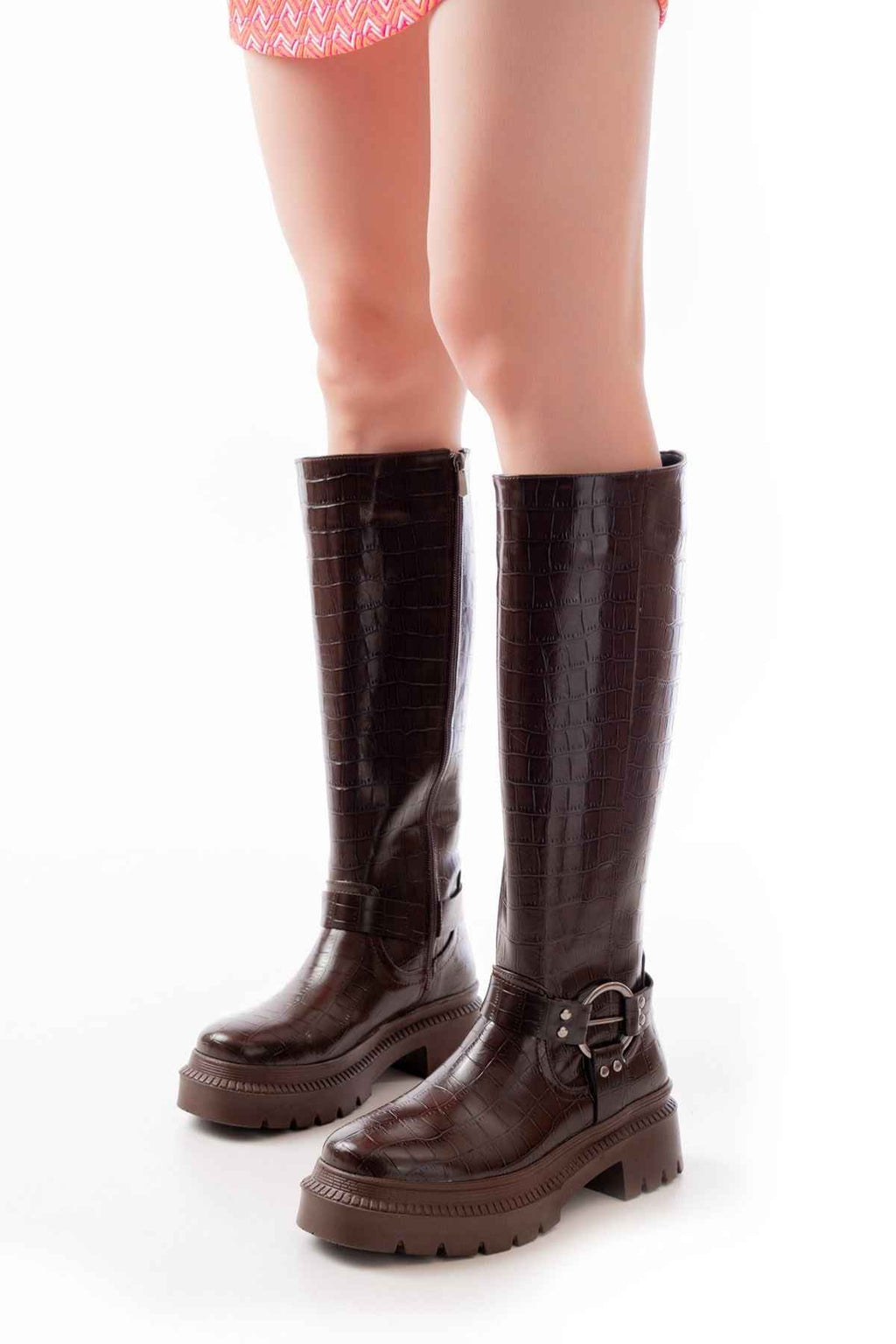 Ayakkabı Aşkı 236-3021 Kahverengi Kroko Fermuarlı Günlük Kadın Çizme