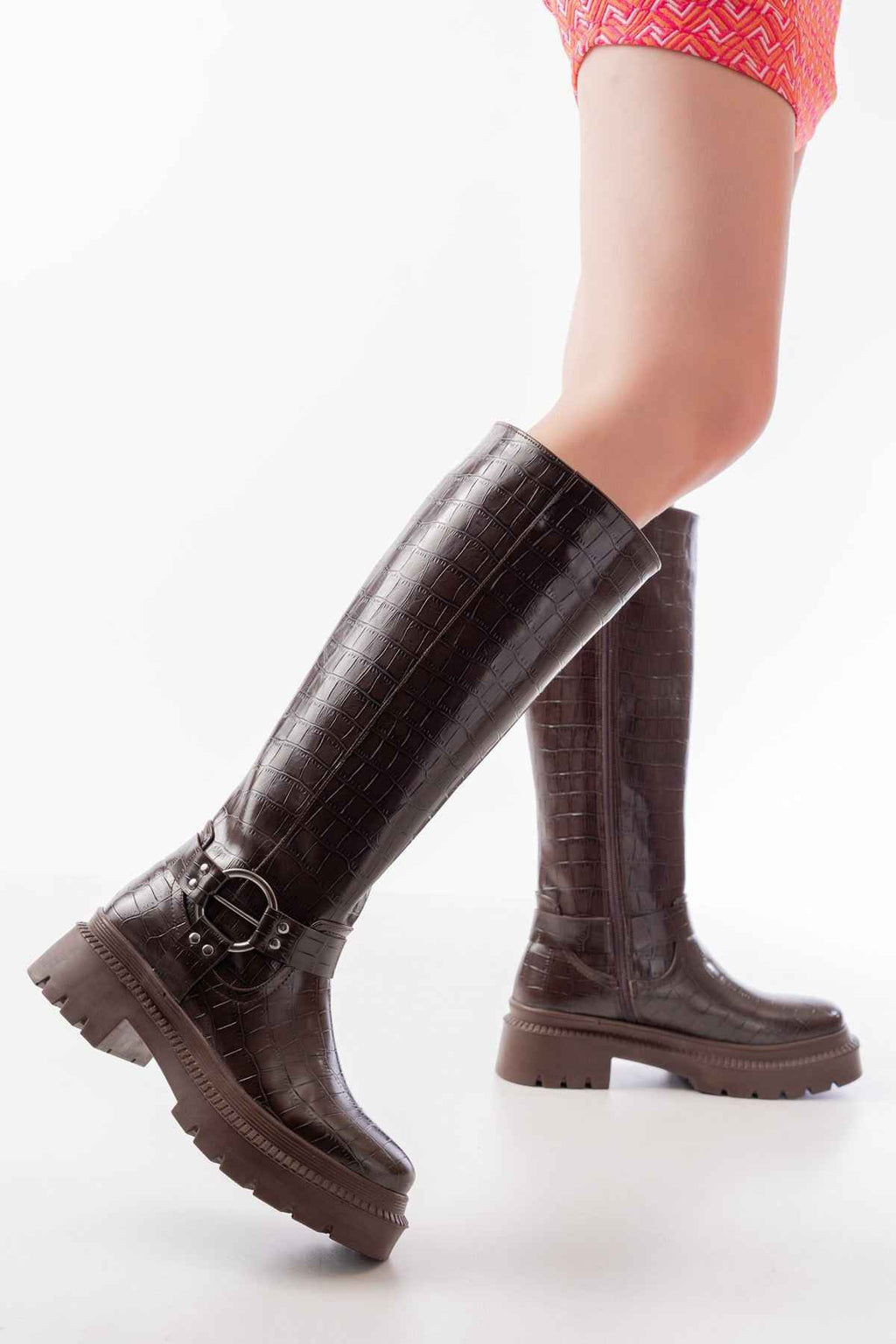 Ayakkabı Aşkı 236-3021 Kahverengi Kroko Fermuarlı Günlük Kadın Çizme